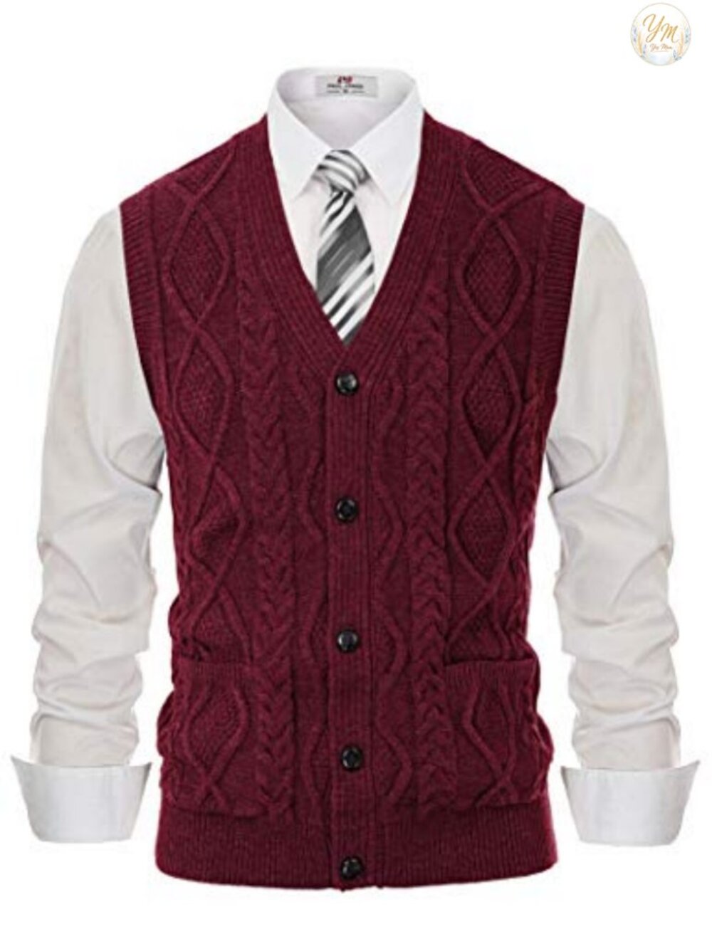 Mens Cable Knit V Neck Sweater Vest Button Up Sleeveless Knitted